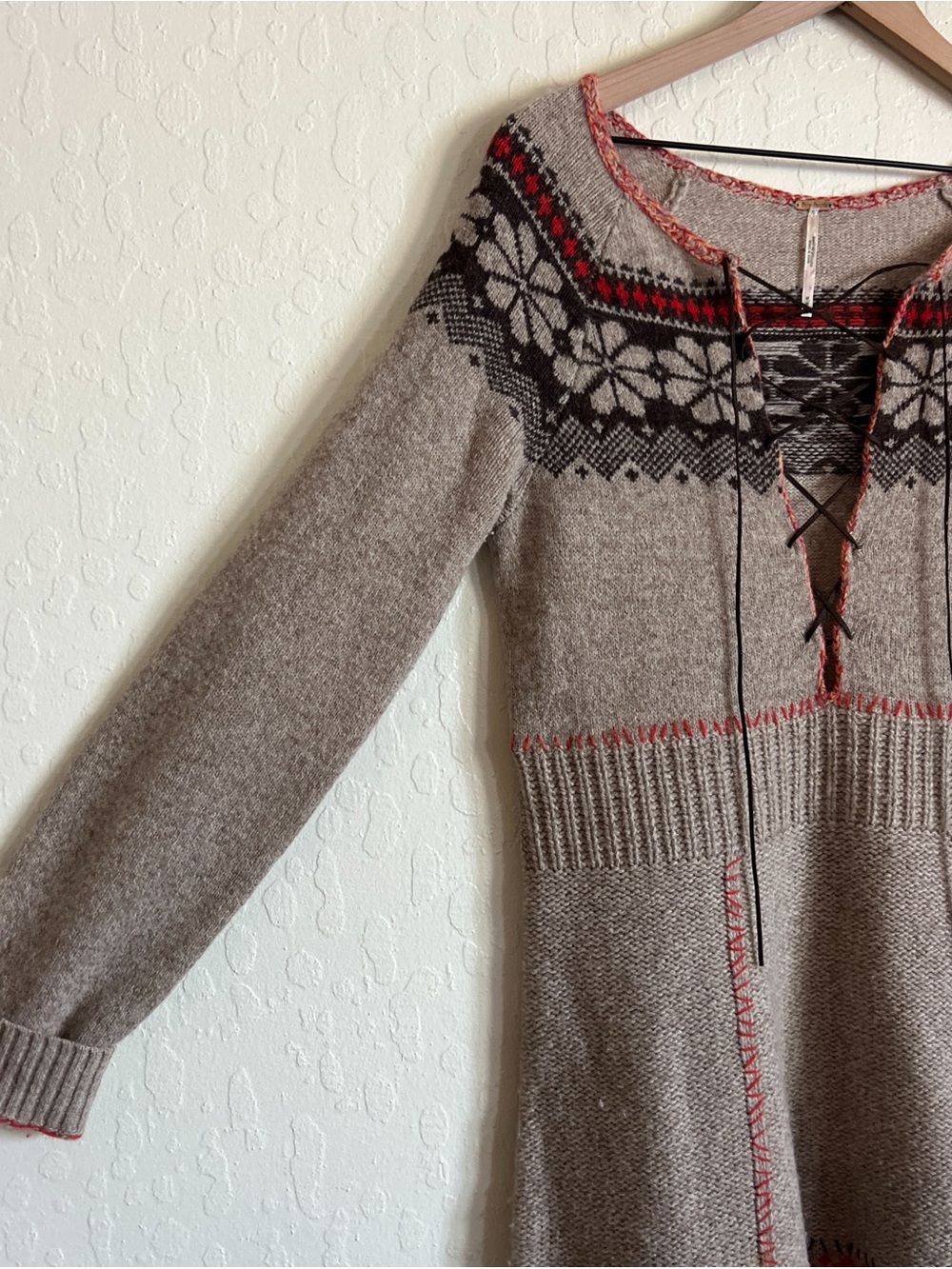 Free People Wool Fair Isle Nordic Lace Up Long Sleeve Knit Sweater Dress Medium - Picture 3 of 6
